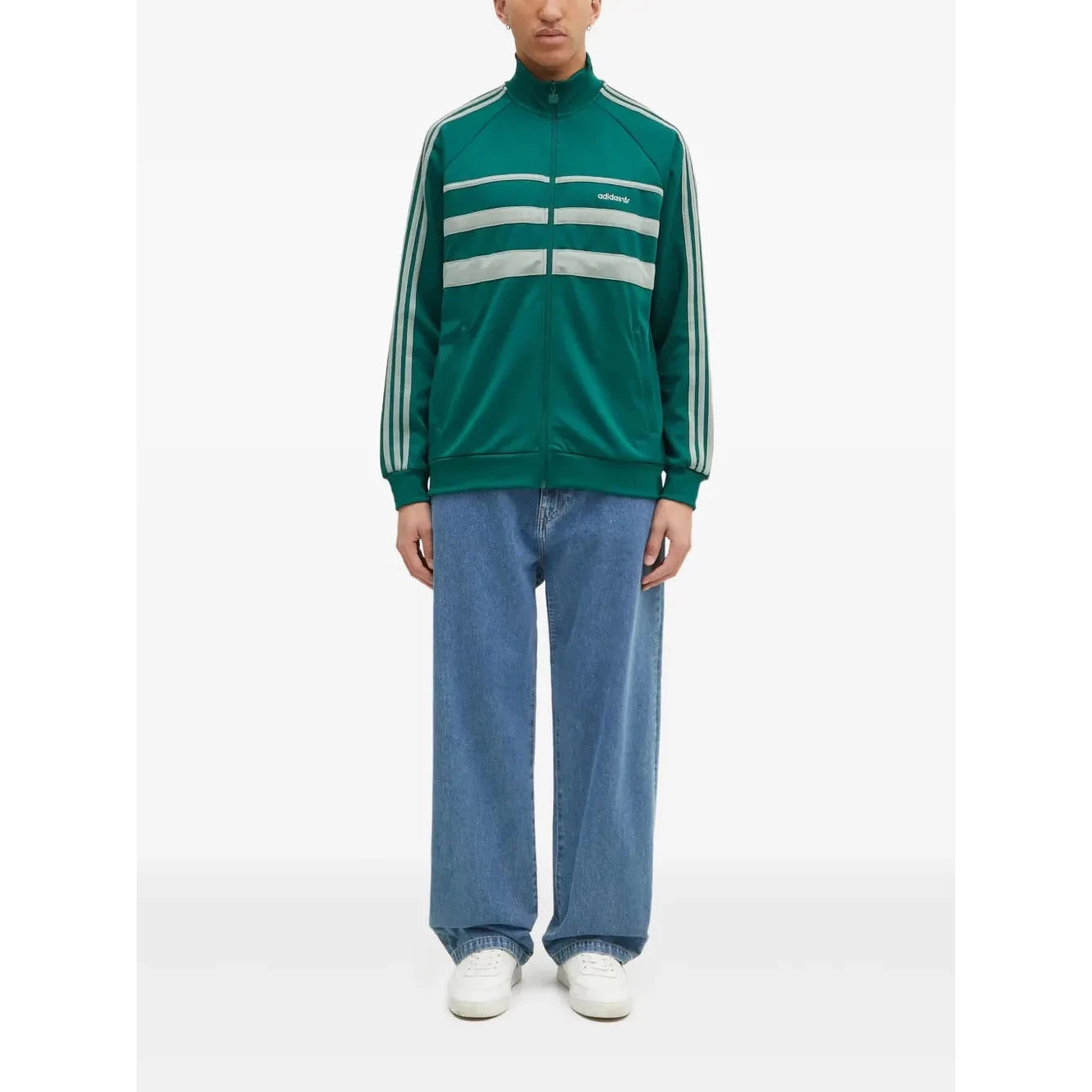 Adidas Men's Green Embroidered Logo Track Jacket with Striped Sleeves